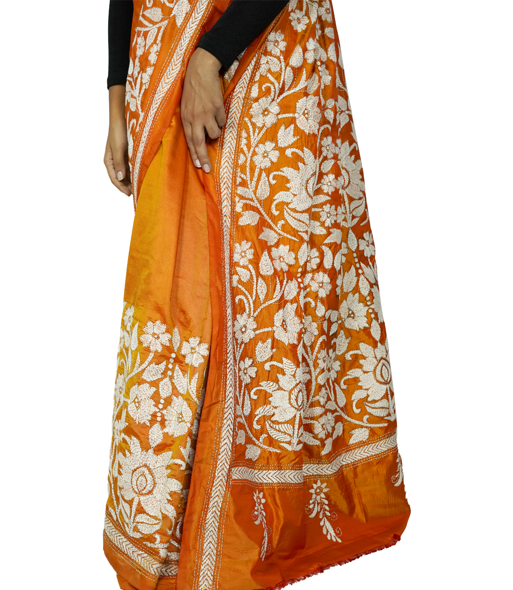 Hand-Stitched orange saree with white embroidery- Kantha Stitch By Tribes Of West Bengal 