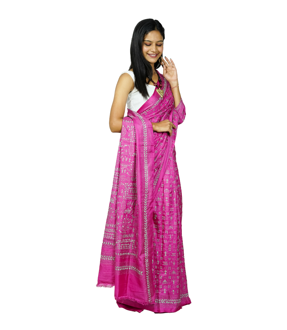 Hand-Stitched pink saree with grey embroidery- Kantha Stitch By Tribes Of West Bengal 