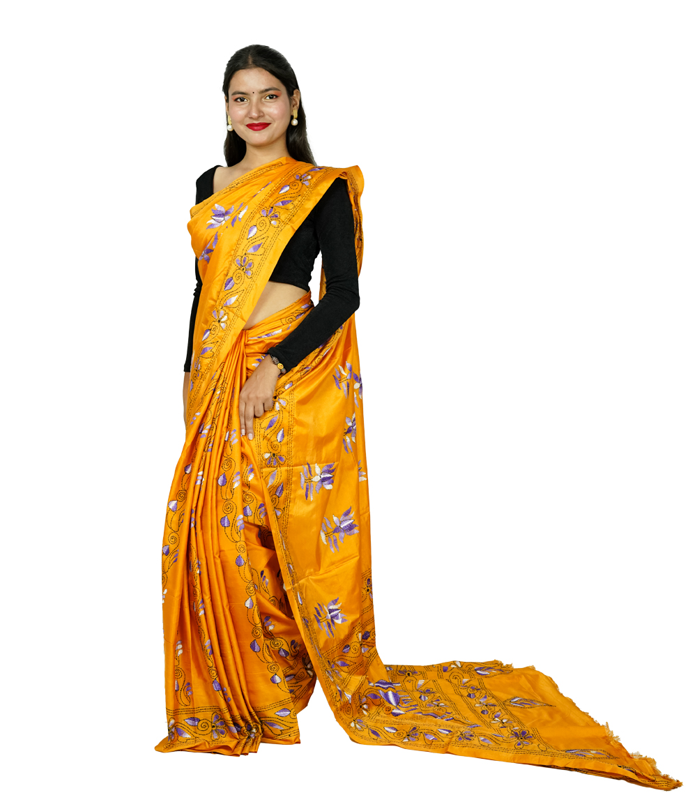 Hand-Stitched orange saree with purple white embroidery- Kantha Stitch By Tribes Of West Bengal