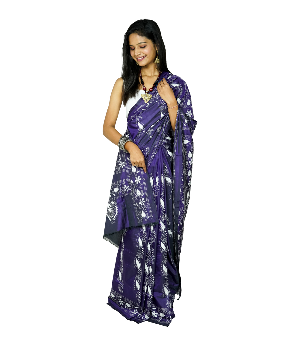 Hand-Stitched purple saree with white embroidery Crafted by West Bengal Tribes