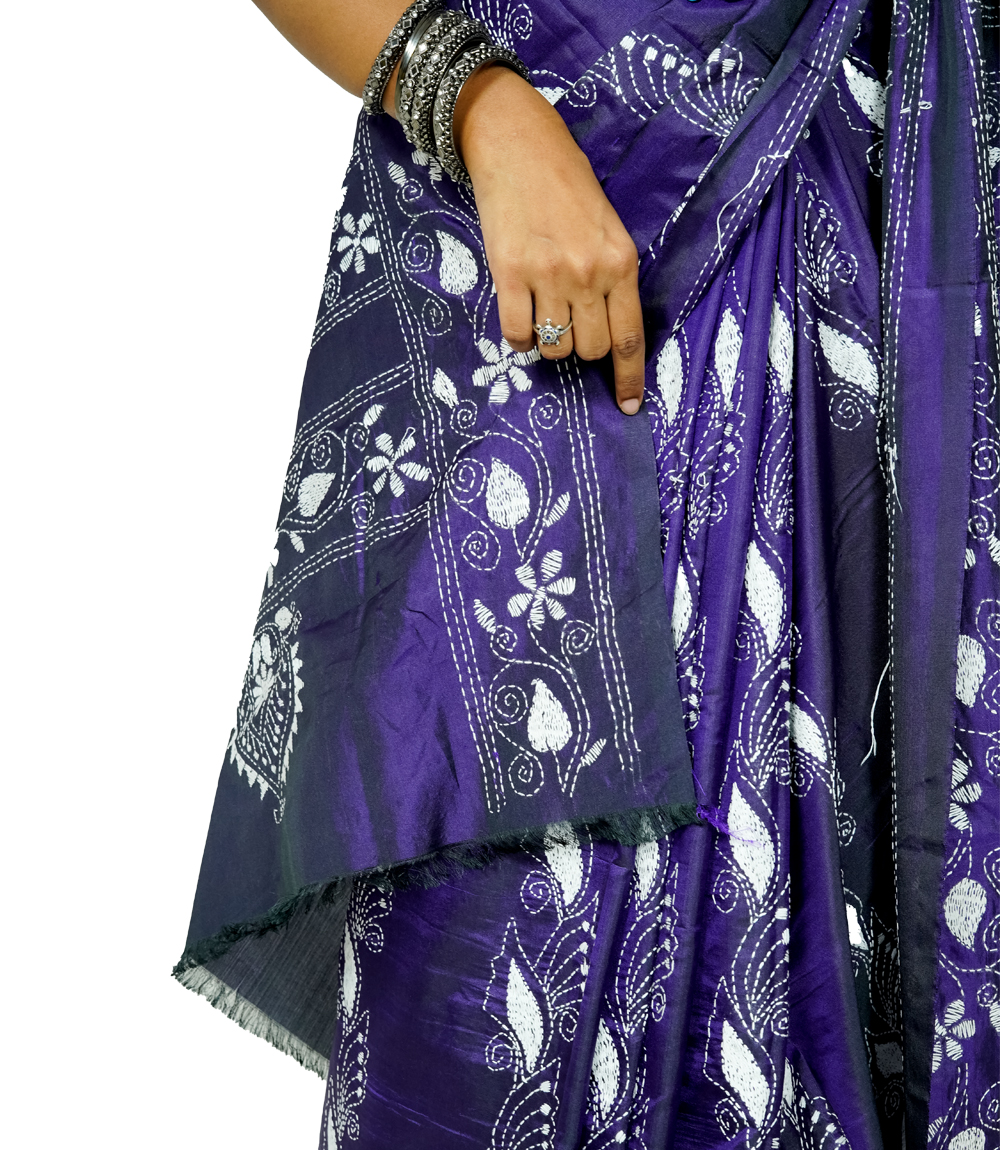 Hand-Stitched purple saree with white embroidery Crafted by West Bengal Tribes