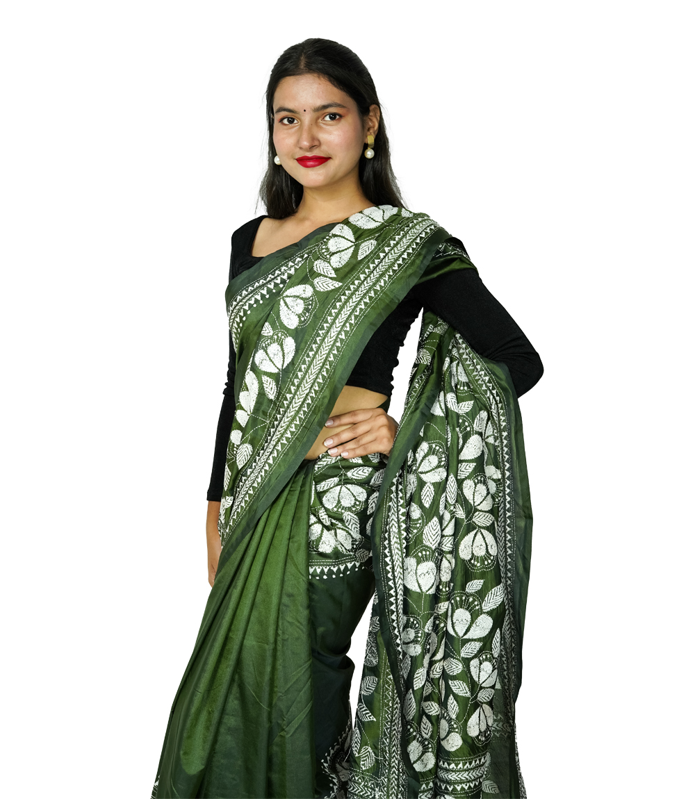 Hand-Stitched green saree with white embroidery-  Kantha Stitch By Tribes Of West Bengal 