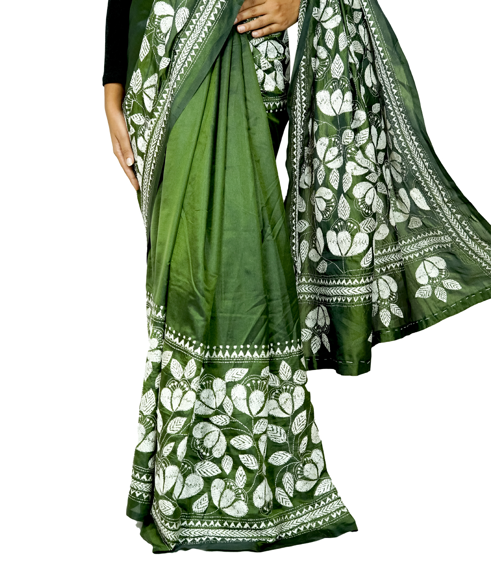 Hand-Stitched green saree with white embroidery-  Kantha Stitch By Tribes Of West Bengal 