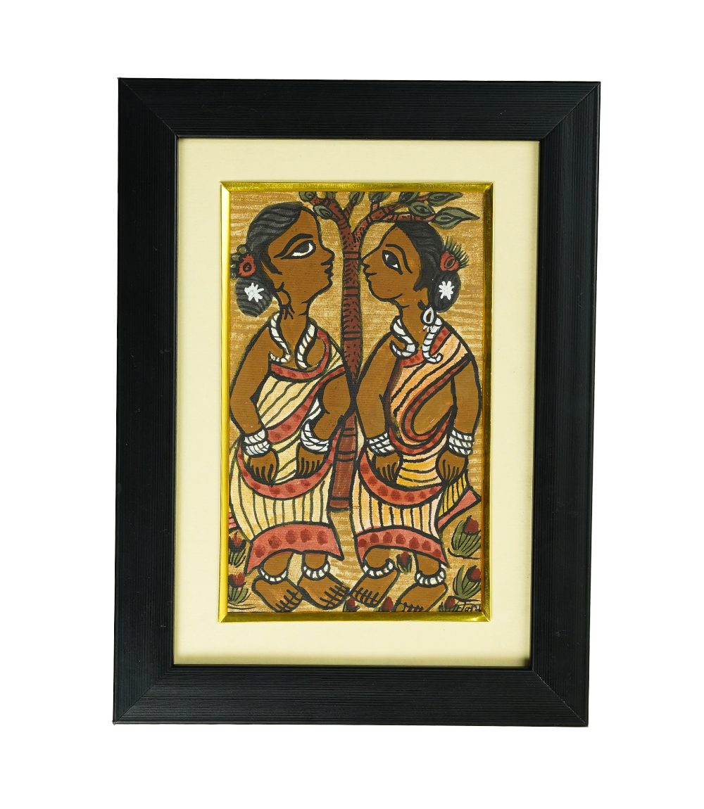 Handpainted Paitkar with two women looking at each other and a Tree-Made by Tribes of Jharkhand