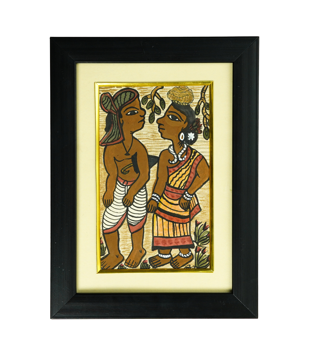 Handpainted Paitkar with a tribal couple under a tree-Made by tribes of Jharkhand