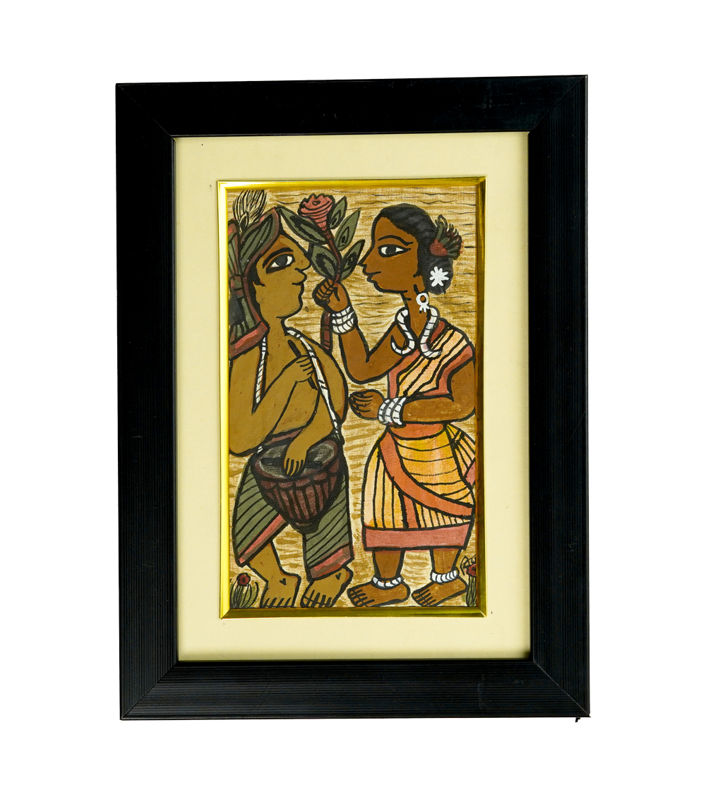 Handpainted Paitkar with a tribal couple holding flowers-Made by tribes of Jharkhand