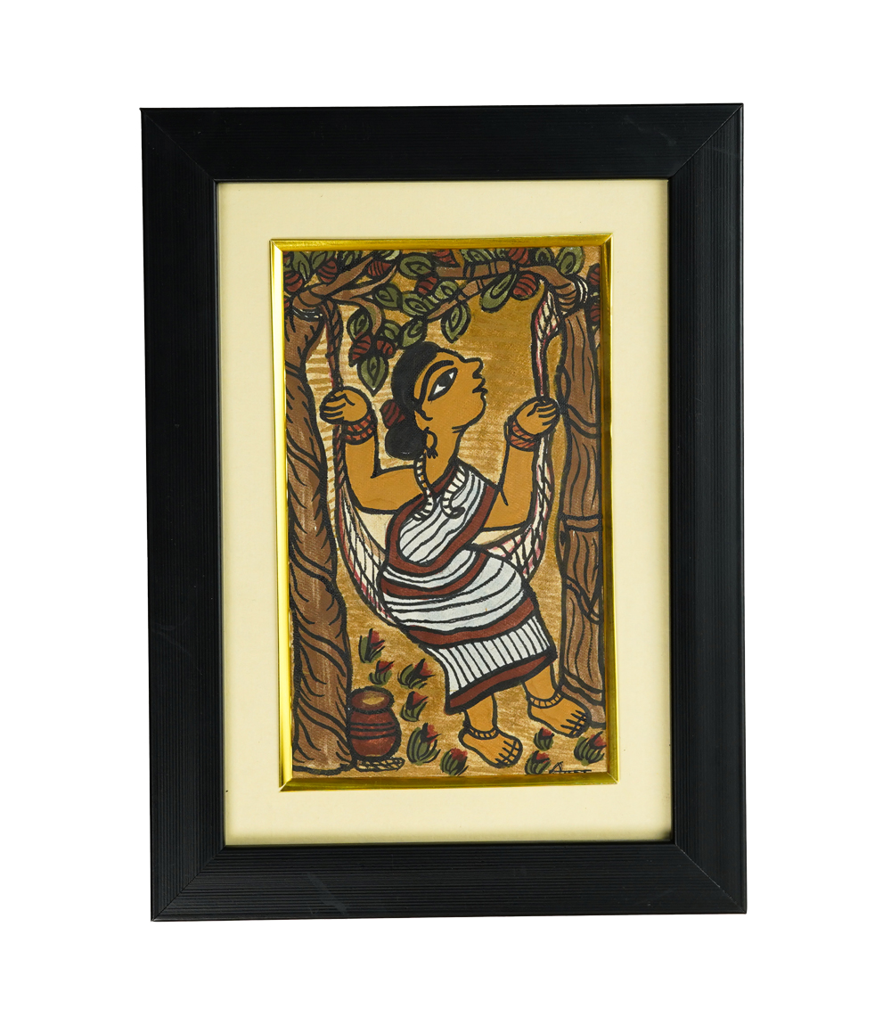 Handpainted Paitkar with a woman on a swing surrounded by trees-Art made by tribes of Jharkhand