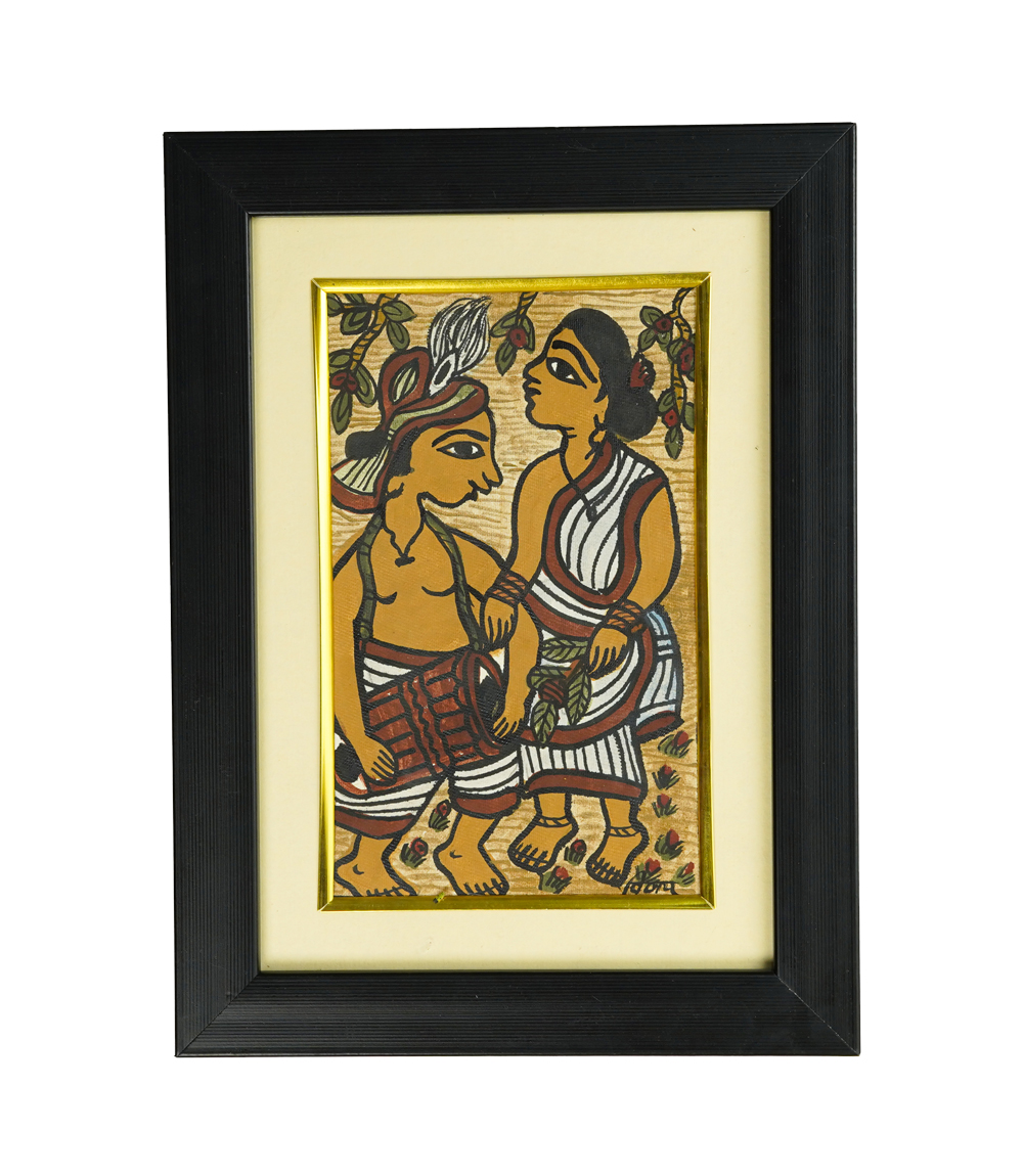 Handpainted Paitkar with a tribal couple holding hands-Made by tribes of Jharkhand