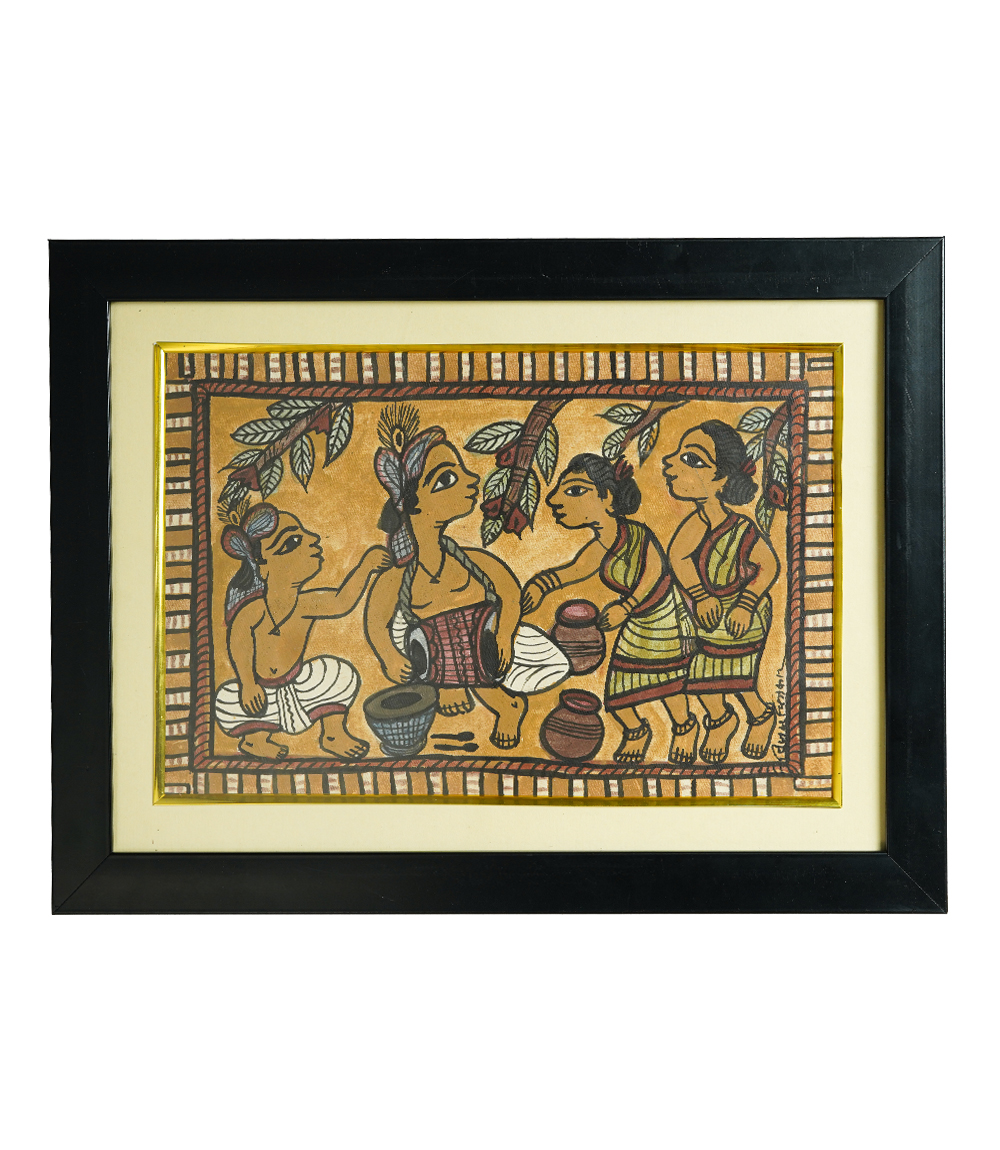 Handpainted Paitkar with two tribal men and two tribal women- Made by tribes of Jharkhand