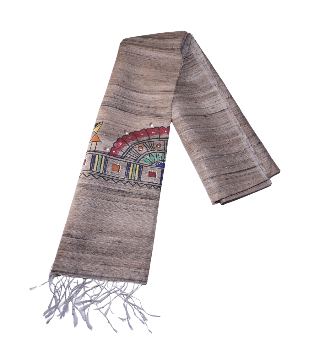 Hand-Painted Tassar Silk Stole Made By Tribals Of Jharkhand (Khadi Colour)