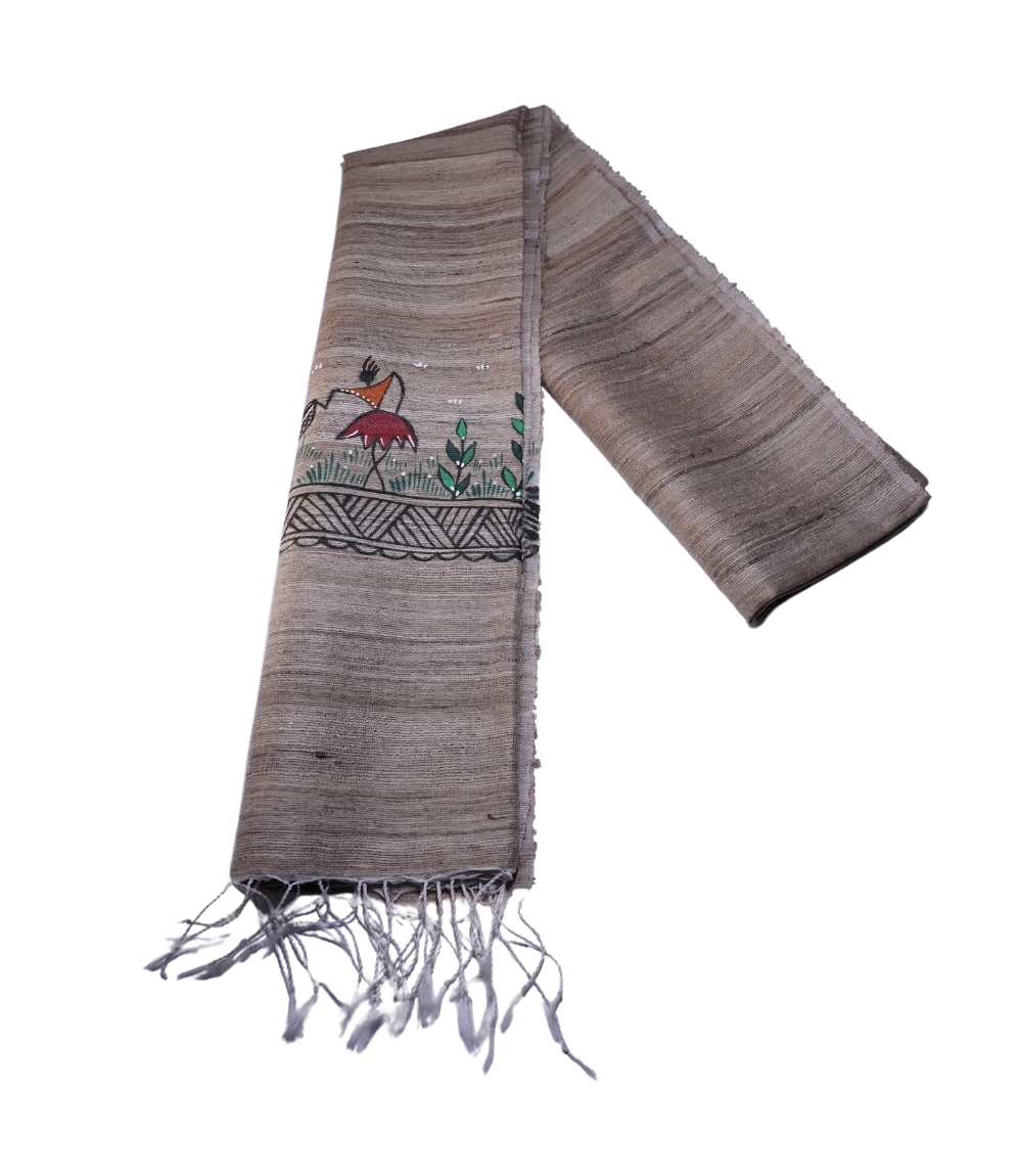 Hand-Painted Tassar Silk Stole Made By Tribes Of Jharkhand Natural Colour