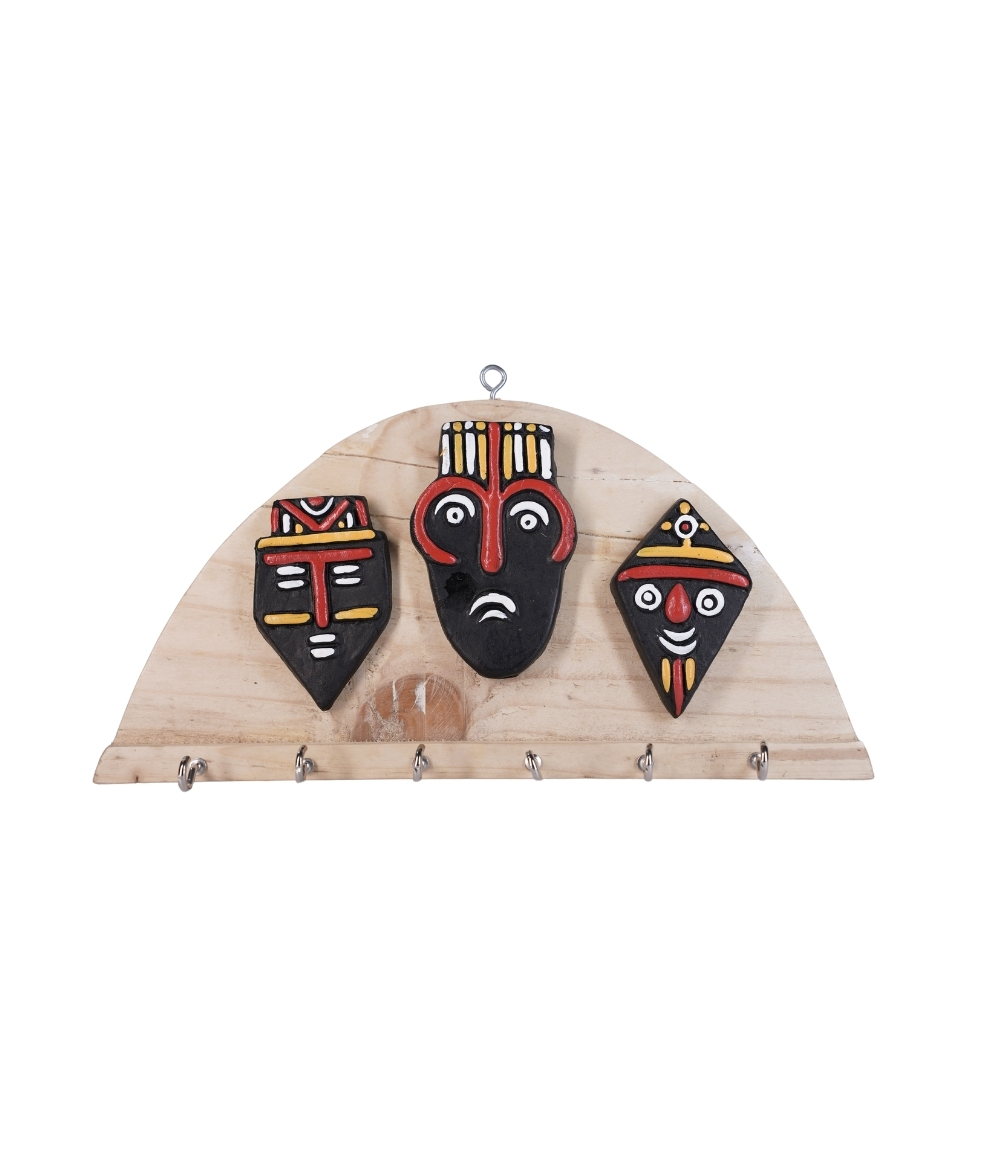 Terracotta Mask Key Hanger Made by Tribals of Jharkhand (Three Hooks)