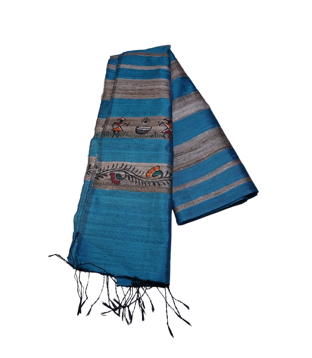 Hand Painted Tassar Silk Stole Made By Tribes Of Jharkhand - (Light blue colour)