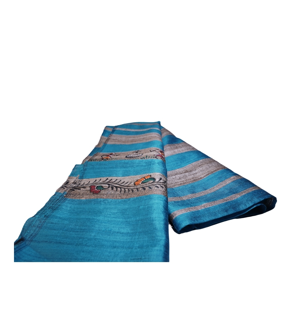 Hand Painted Tassar Silk Stole Made By Tribes Of Jharkhand - (Light blue colour)