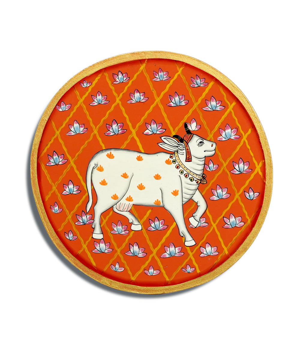 Hand-Painted Pichwai on Wooden Plate Made by Tribes of Rajasthan