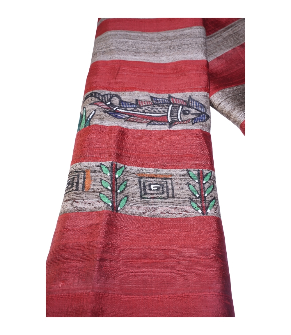 Hand Painted Tassar Silk Stole Made By Tribes Of Jharkhand - Red