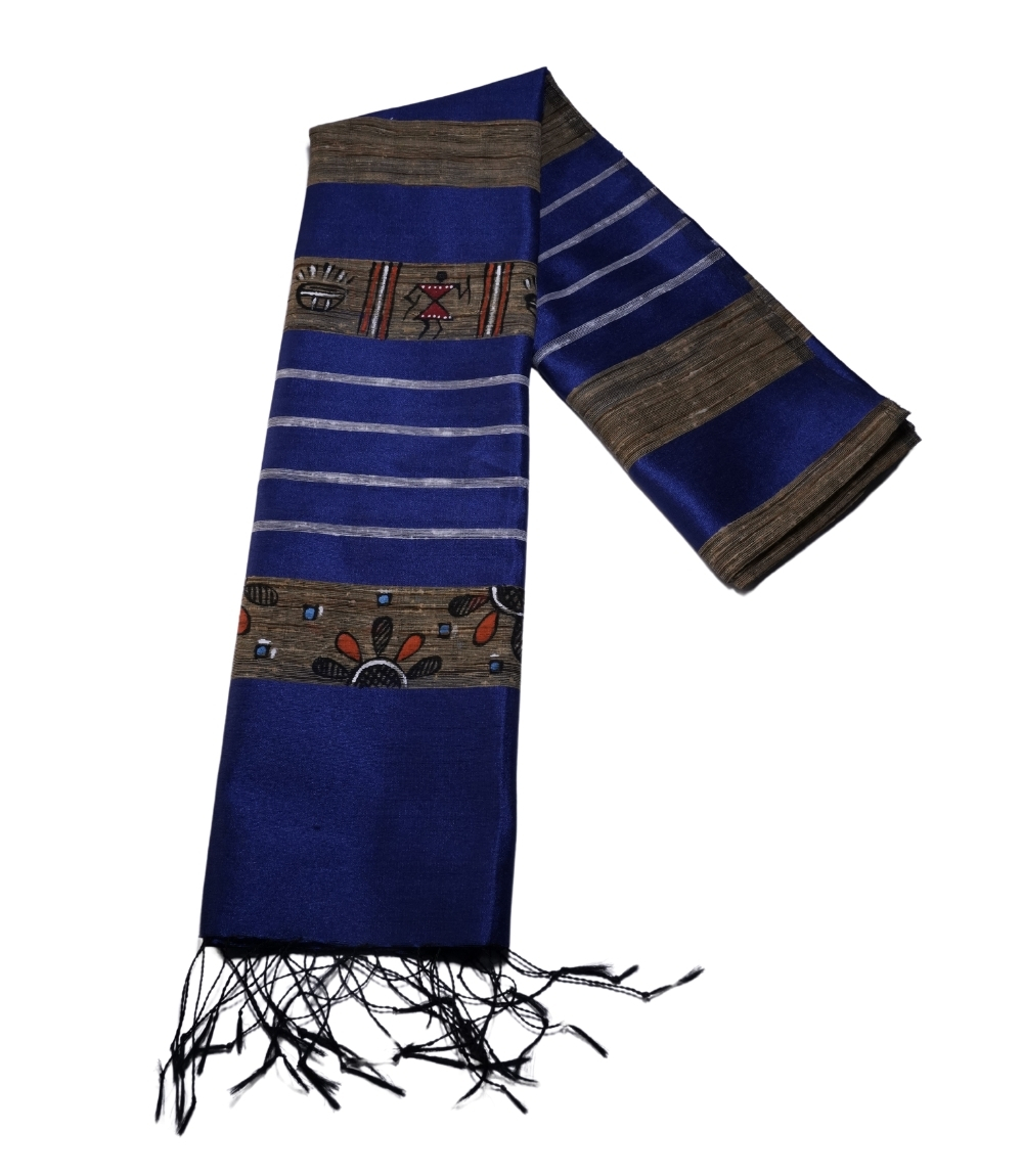 Hand Painted Tassar Silk Stole Made By Tribes Of Jharkhand - Navy Blue