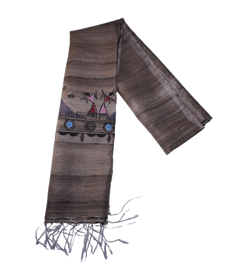 Hand Painted Tassar Silk Stole Made By Tribes Of Jharkhand - Natural khadi