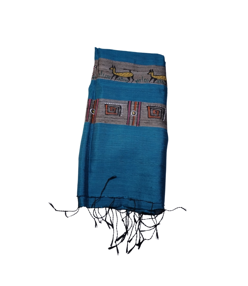 Hand-Painted Tassar Silk Stole – Made by Tribes of Jharkhand - Blue