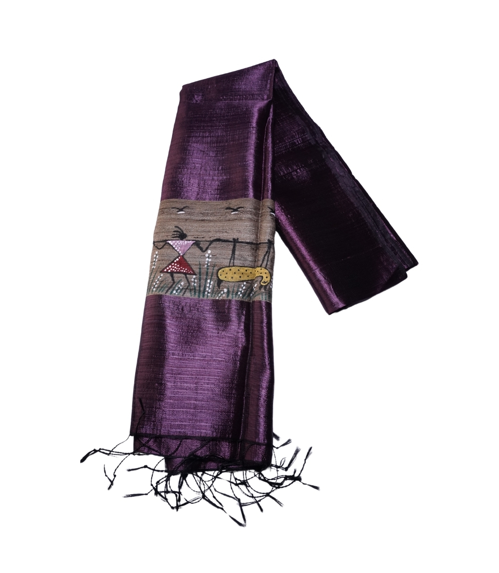 Hand-Painted Tassar Silk Stole – Made by Tribes of Jharkhand - Wine