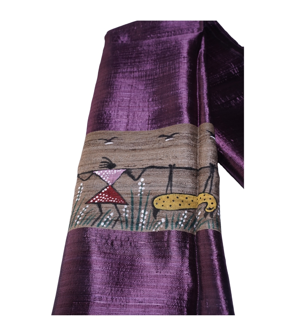 Hand-Painted Tassar Silk Stole – Made by Tribes of Jharkhand - Wine