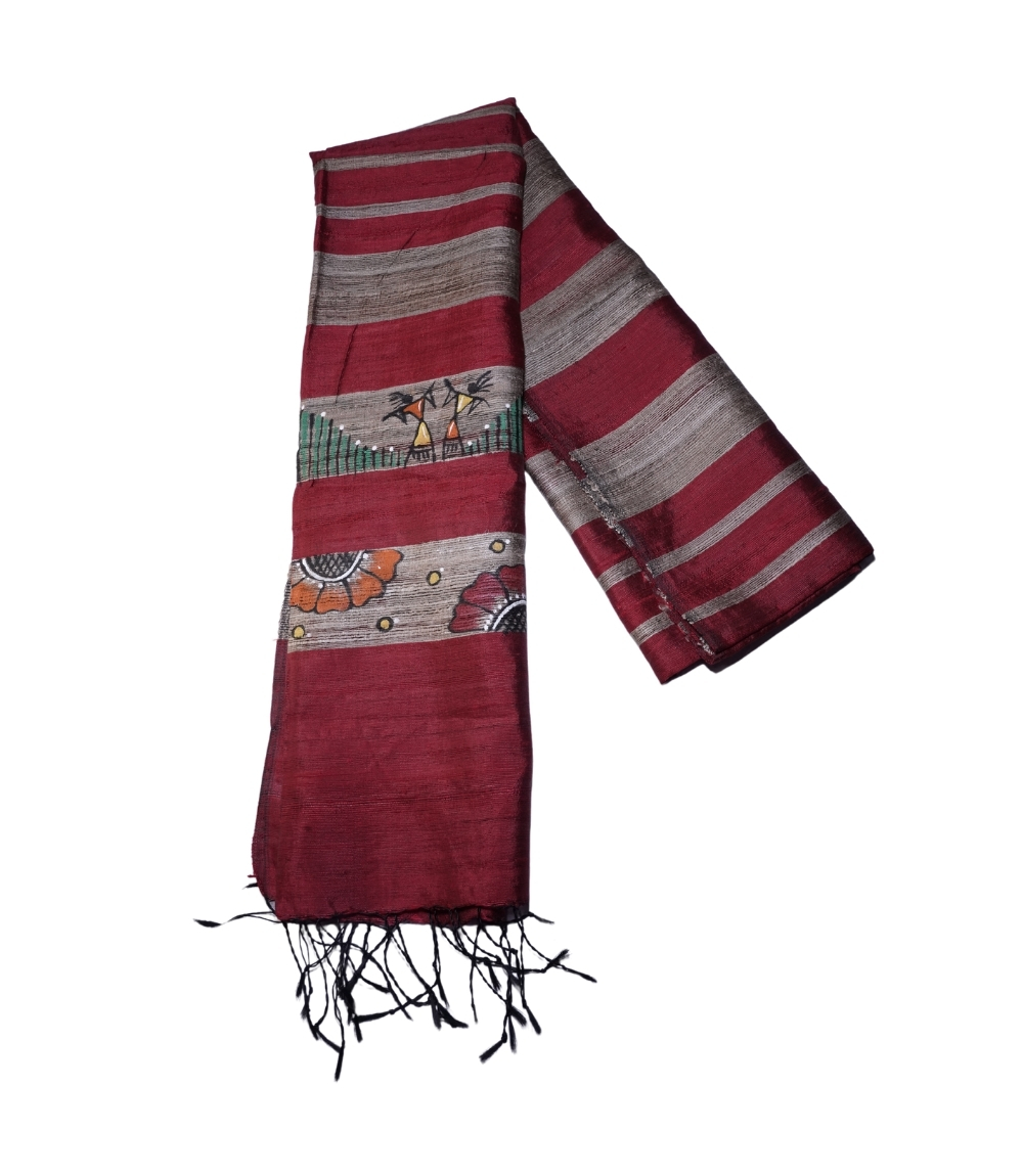 Hand-Painted Tassar Silk Stole – Made by Tribes of Jharkhand - Red