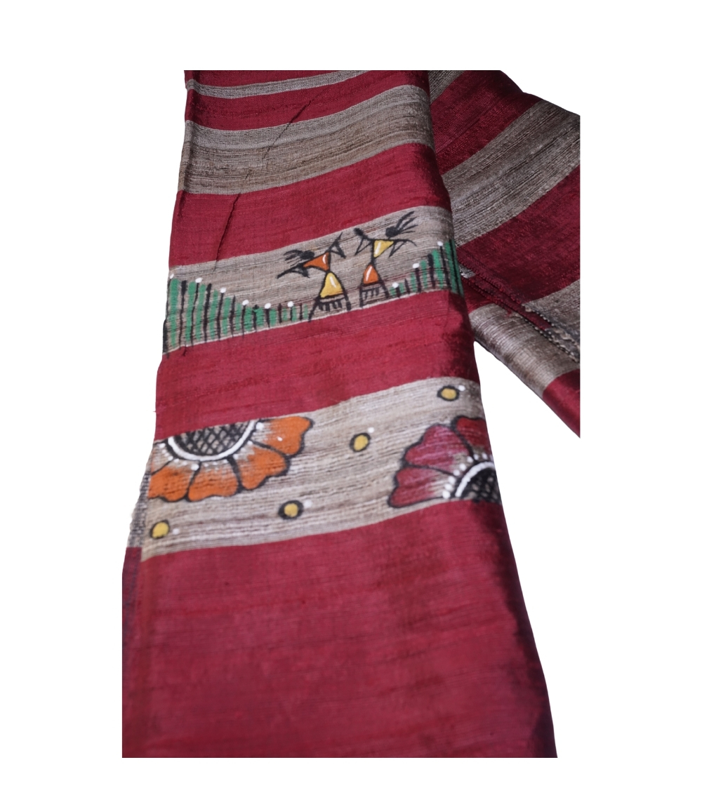 Hand-Painted Tassar Silk Stole – Made by Tribes of Jharkhand - Red