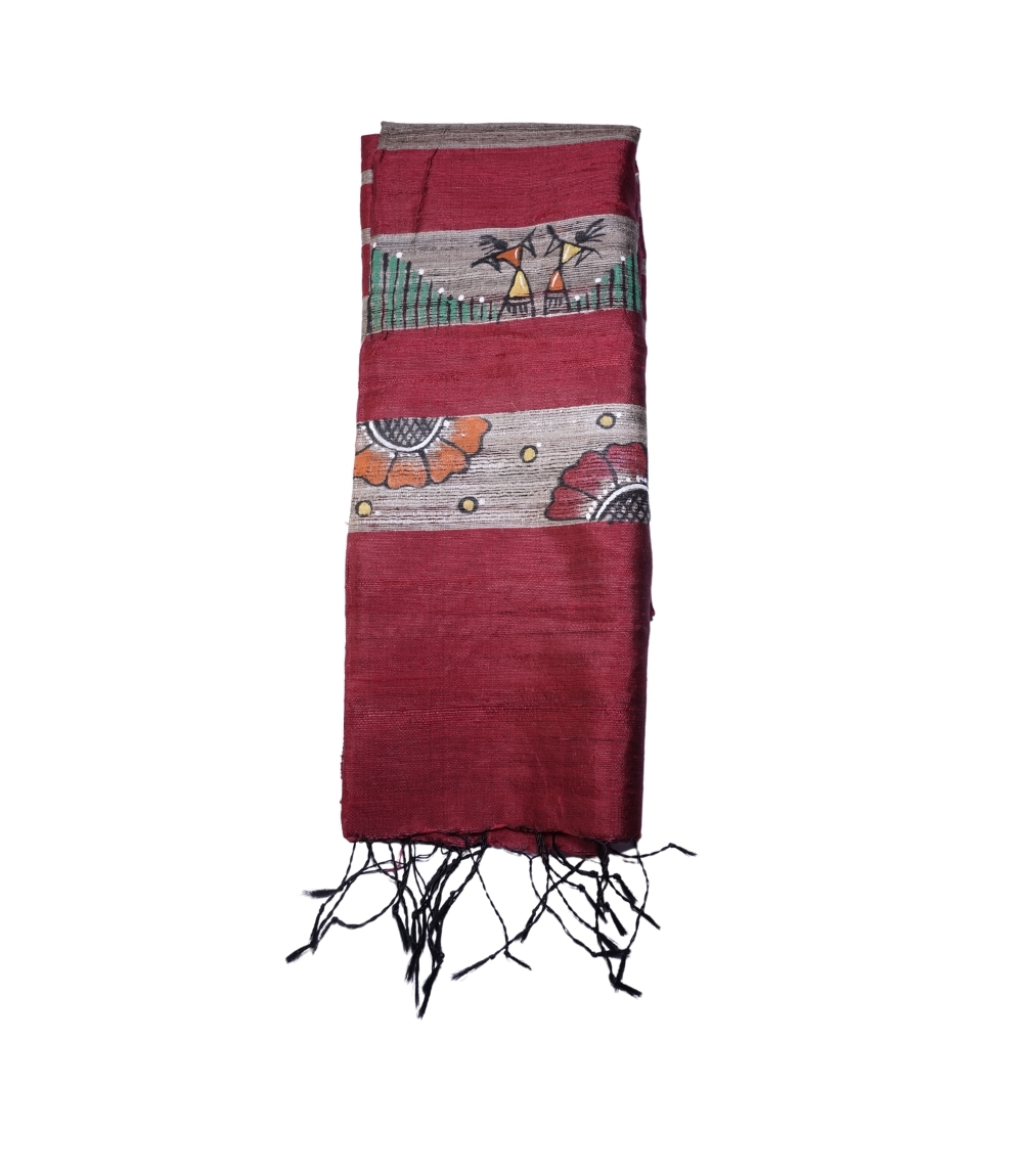 Hand-Painted Tassar Silk Stole – Made by Tribes of Jharkhand - Red