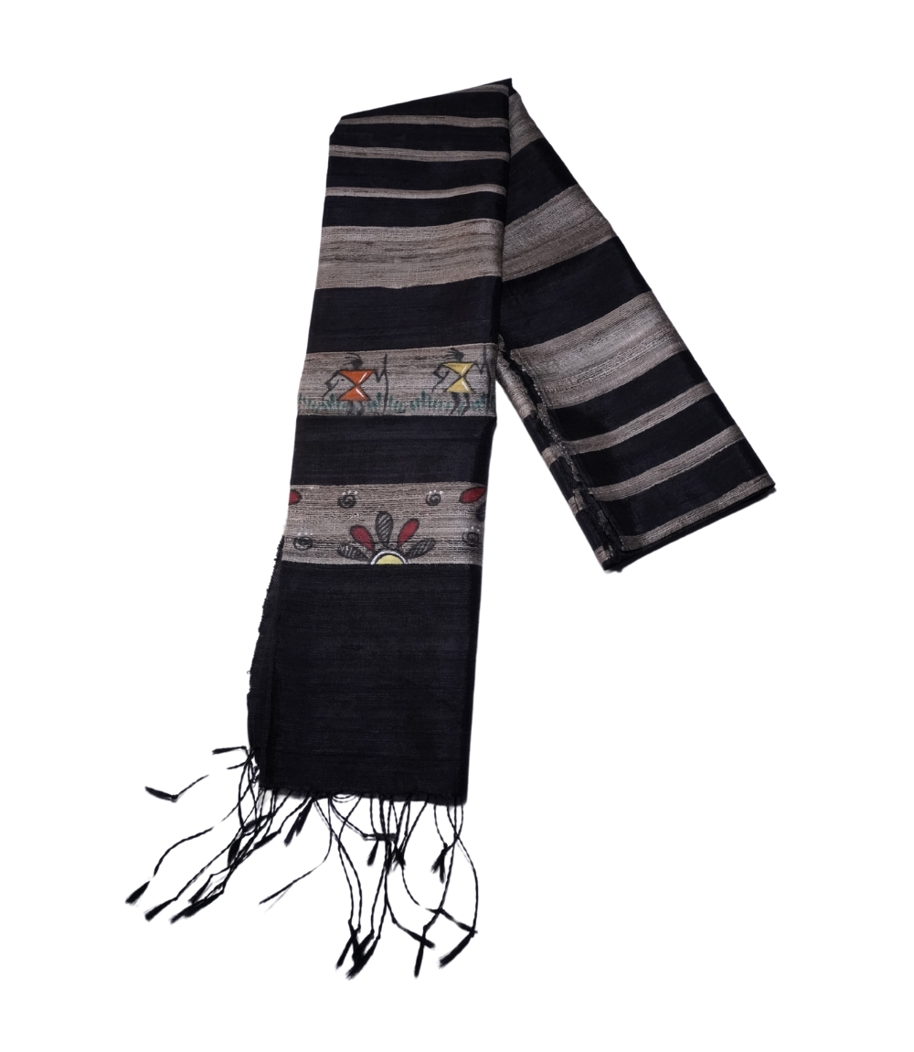 Hand-Painted Tassar Silk Stole – Made by Tribes of Jharkhand Black