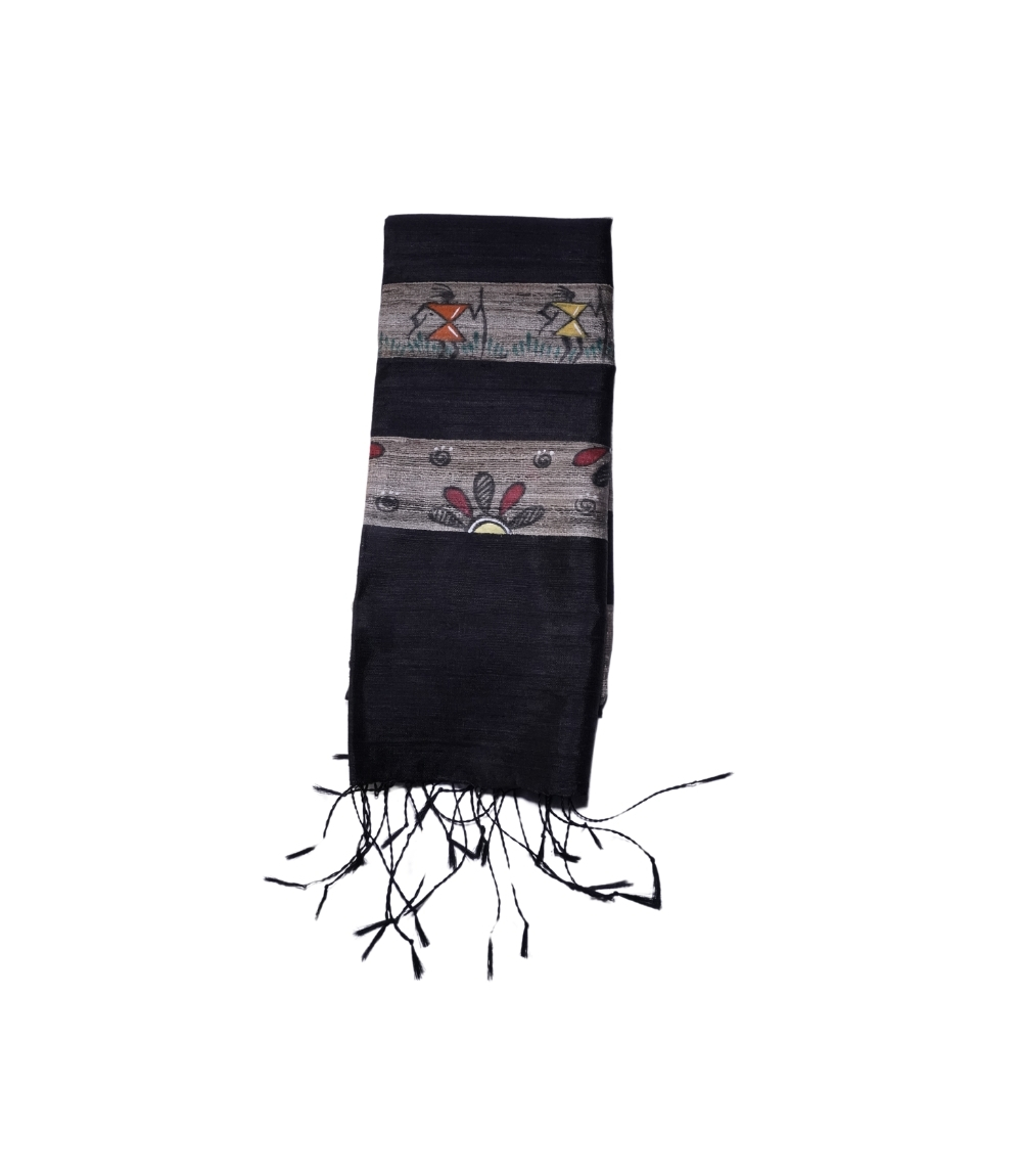 Hand-Painted Tassar Silk Stole – Made by Tribes of Jharkhand Black