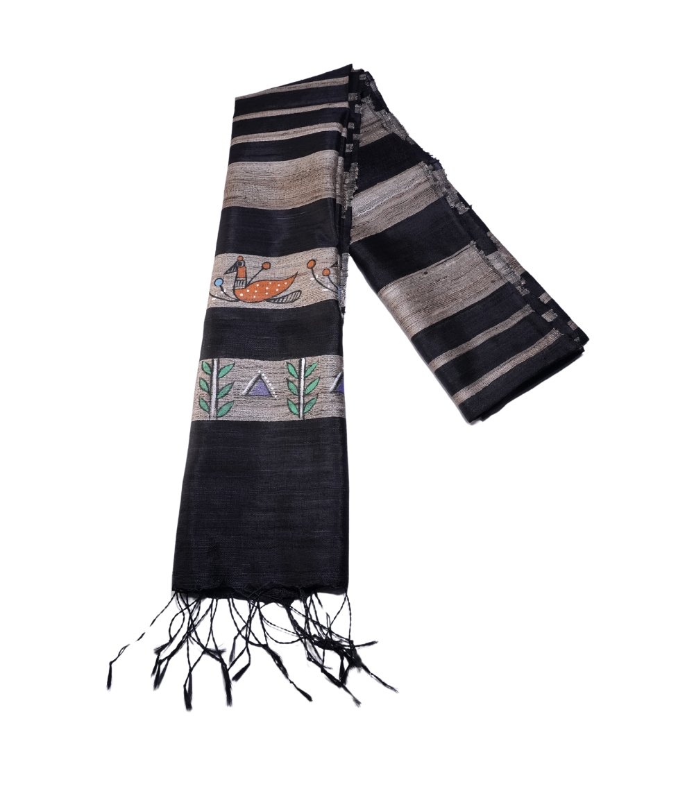 Hand-Painted Tassar Silk Stole – Made by Tribes of Jharkhand - Black