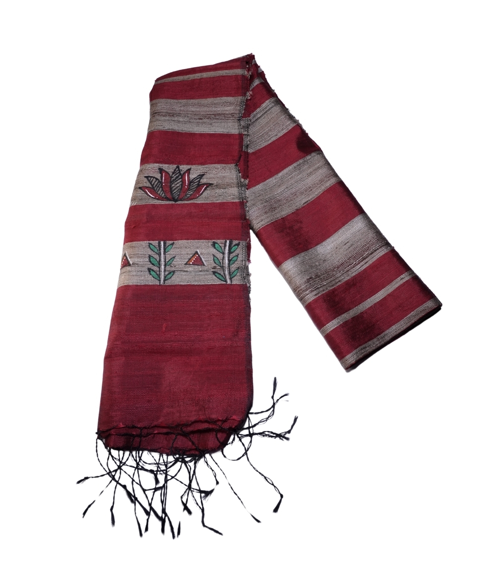 Hand-Painted Tassar Silk Stole – Made by Tribes of Jharkhand - (RED)