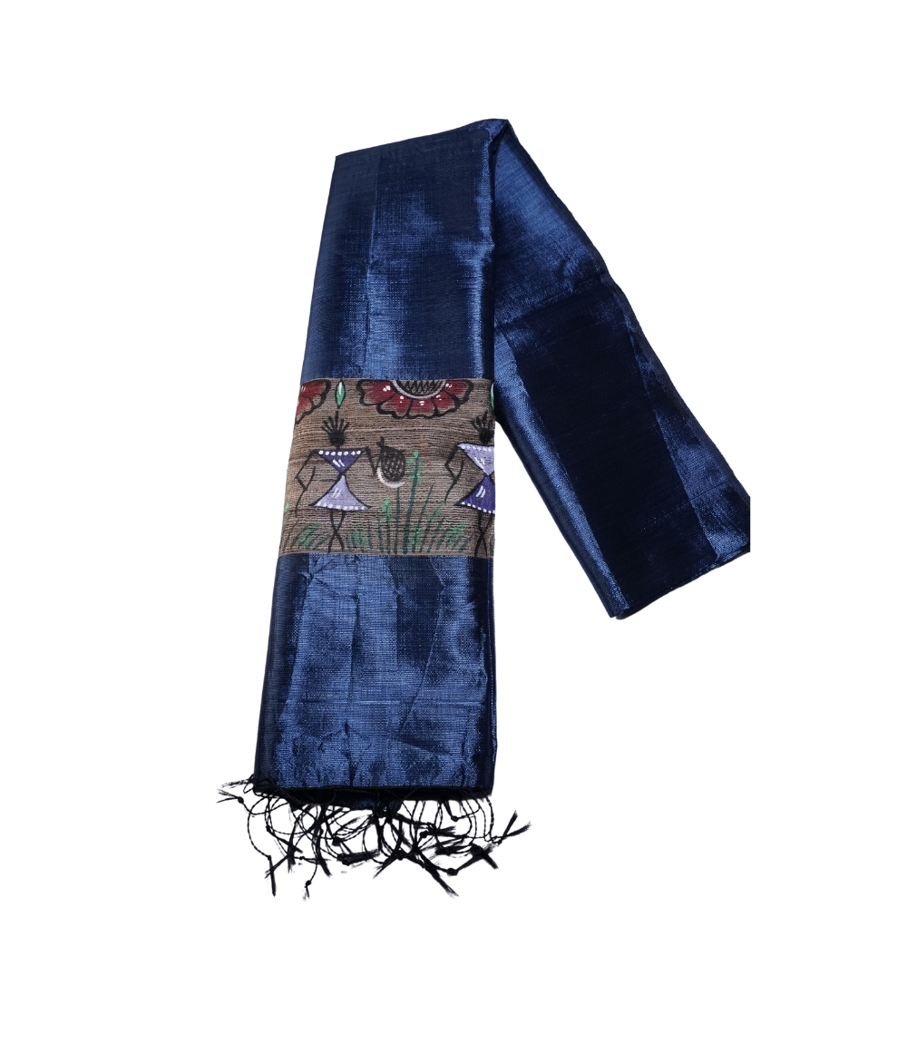 Hand-Painted Tassar Silk Stole – Made by Tribes of Jharkhand - Navy Blue