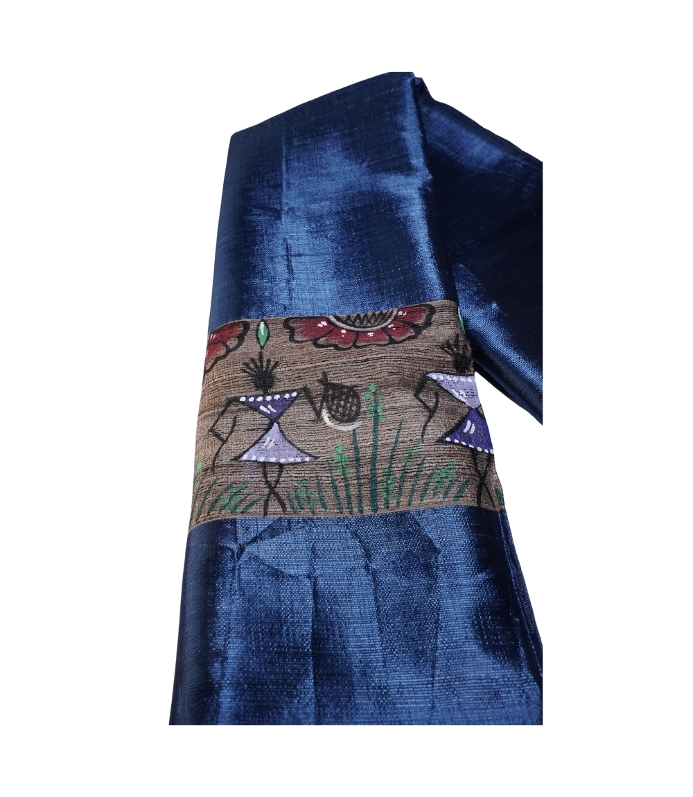 Hand-Painted Tassar Silk Stole – Made by Tribes of Jharkhand - Navy Blue