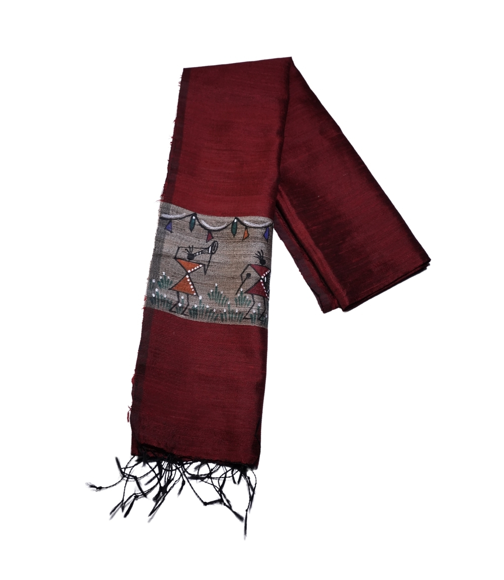 Hand-Painted Tassar Silk Stole – Made by Tribes of Jharkhand - Marron