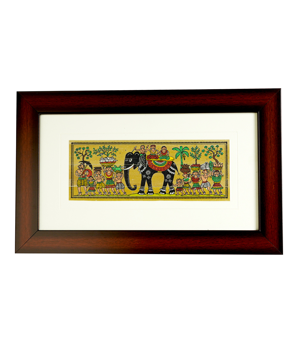 Pattachitra Elephant Procession – Odisha Tribal Art in Wooden Frame