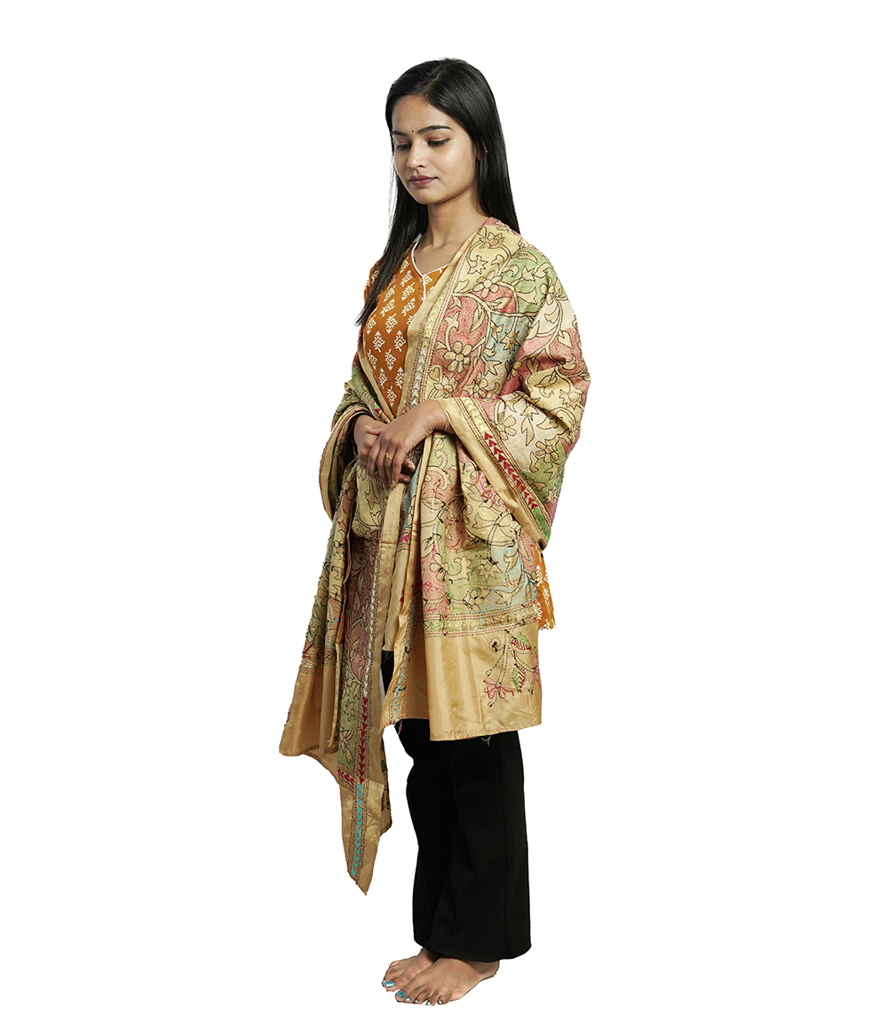 Handstitched Kantha Stole by Tribes of West-Bengal (Golden colour)