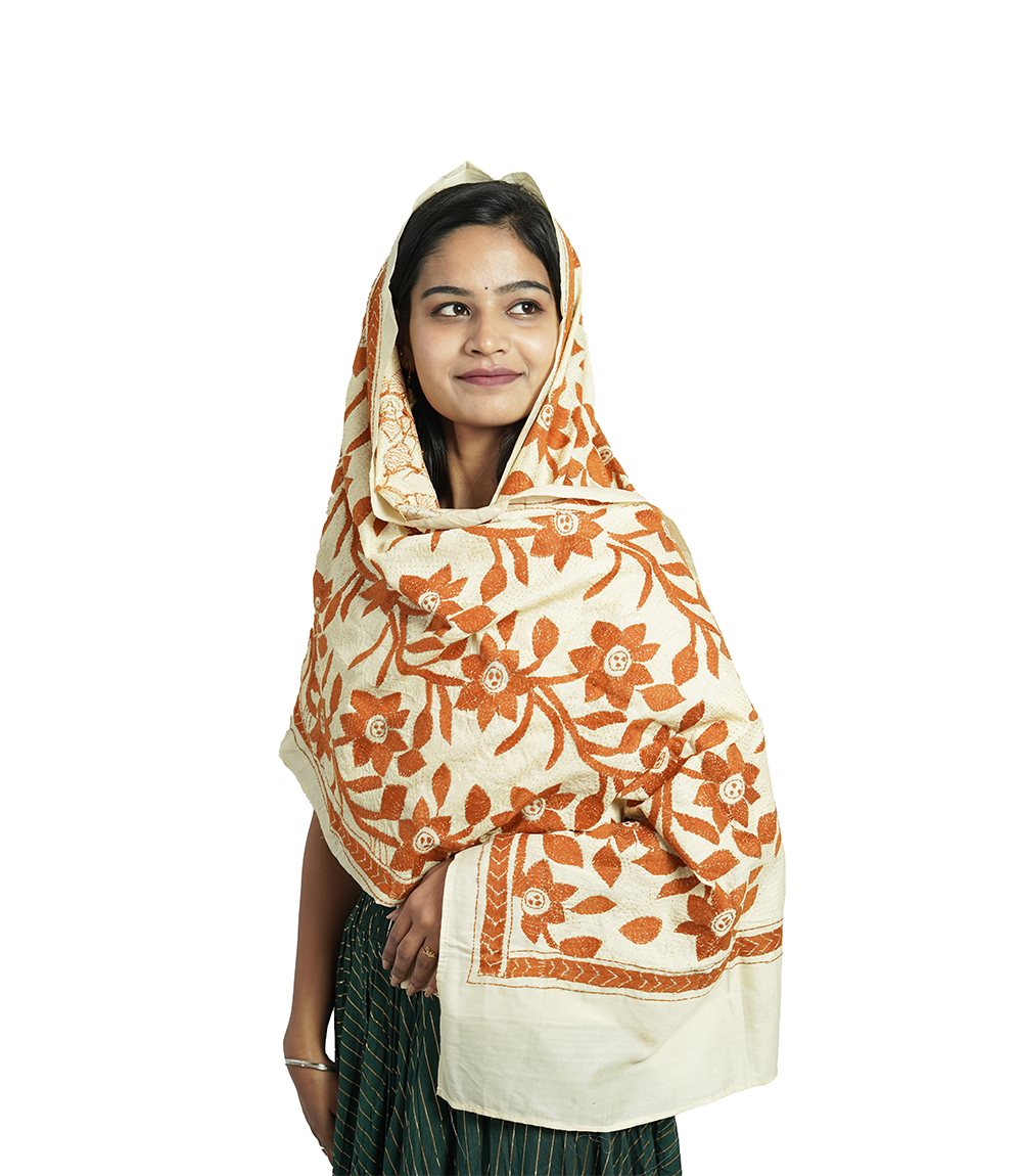 Handstitched Kantha Stole by Tribes of West-Bengal (Off white with orange)