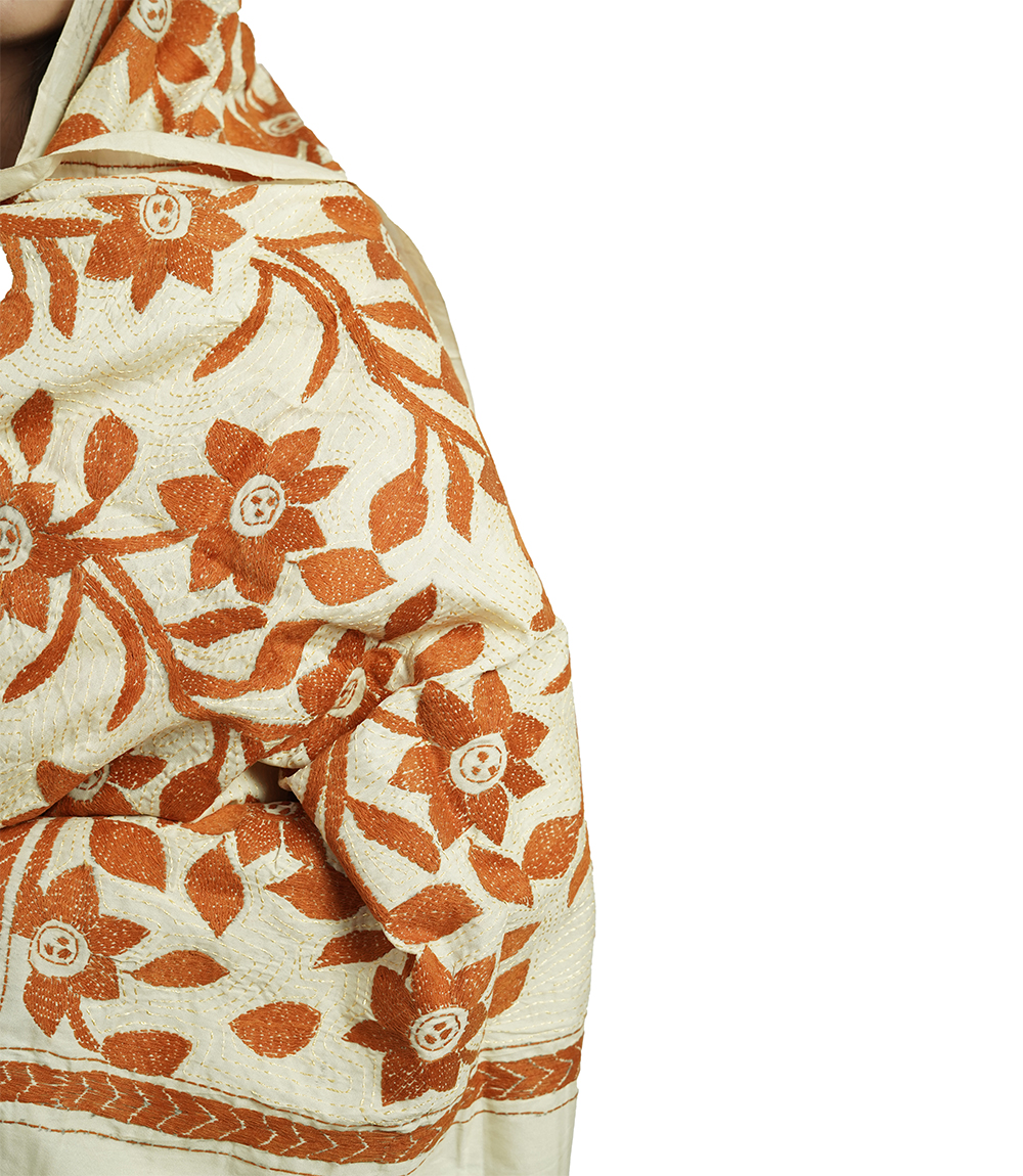 Handstitched Kantha Stole by Tribes of West-Bengal (Off white with orange)