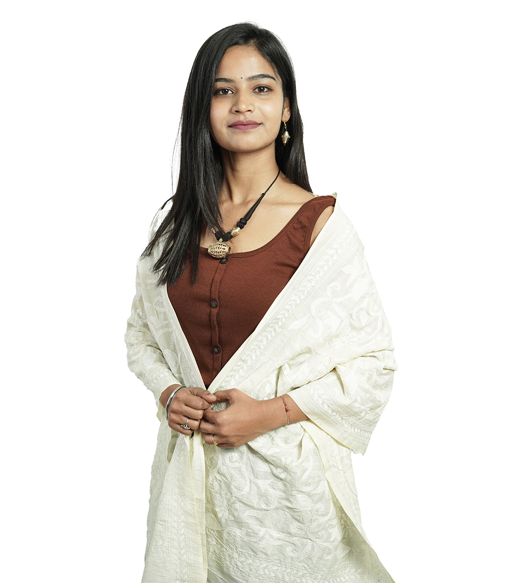 Handstitched Kantha Stole by Tribes of West-Bengal (Off white with white embroidery)