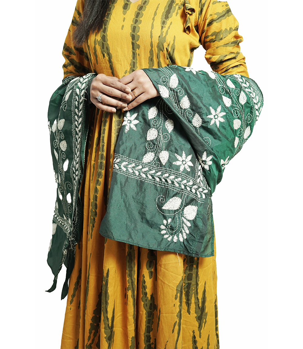 Handstitched Kantha Stole by Tribes of West-Bengal (Deep green with white embroidery)