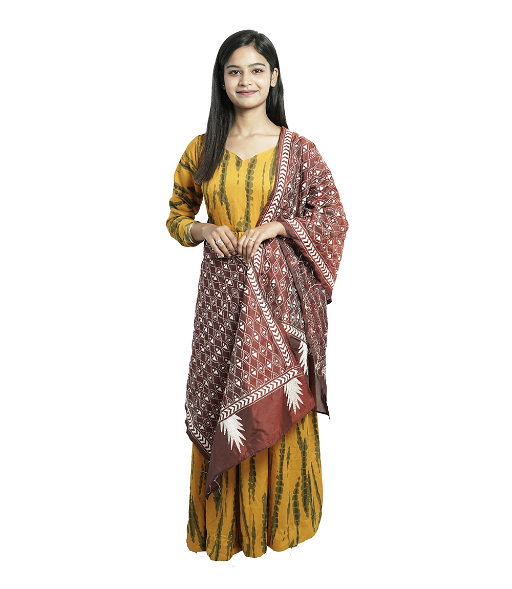 Handstitched Kantha Stole by Tribes of West-Bengal (Brown with white embroidery)