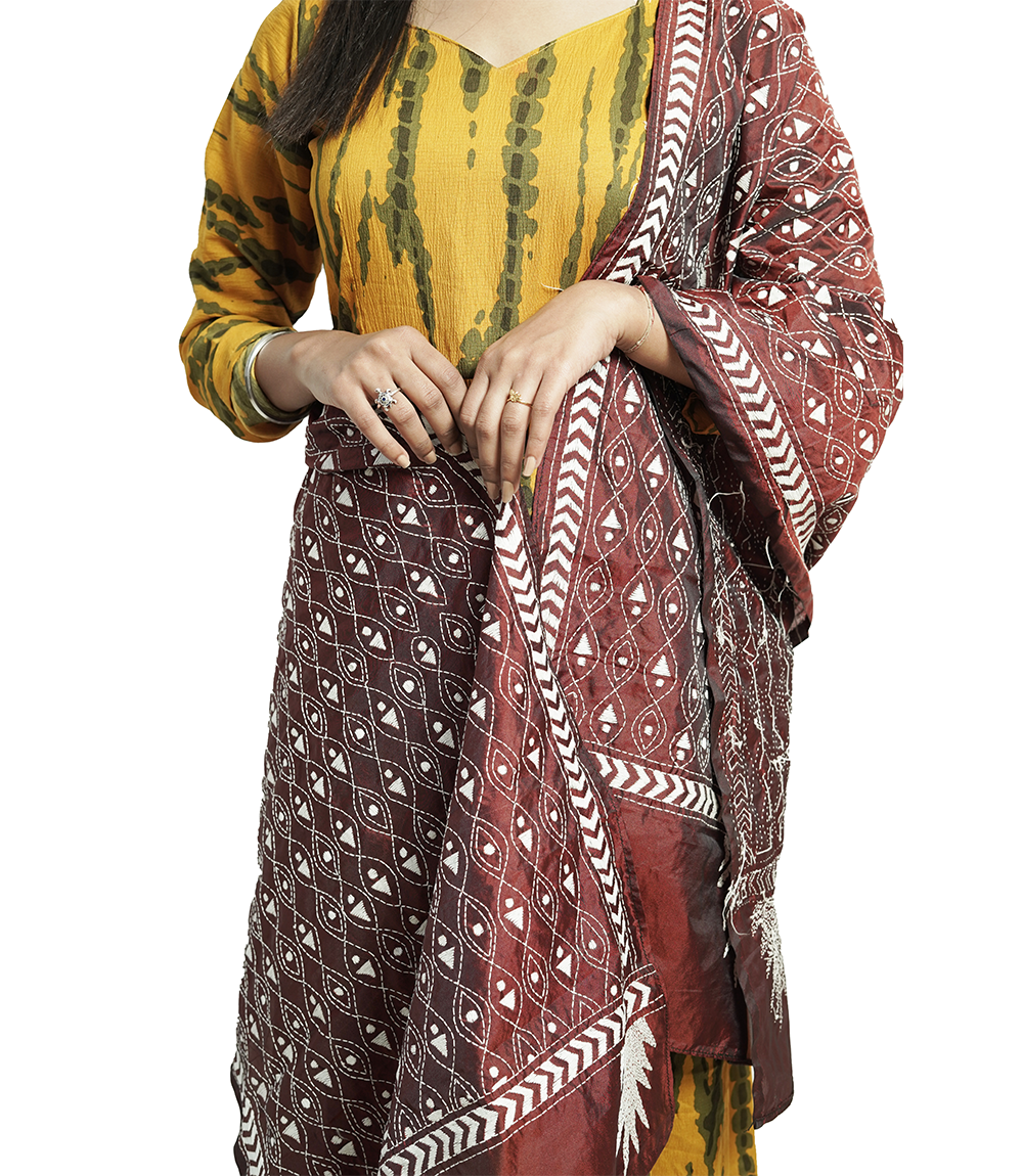 Handstitched Kantha Stole by Tribes of West-Bengal (Brown with white embroidery)