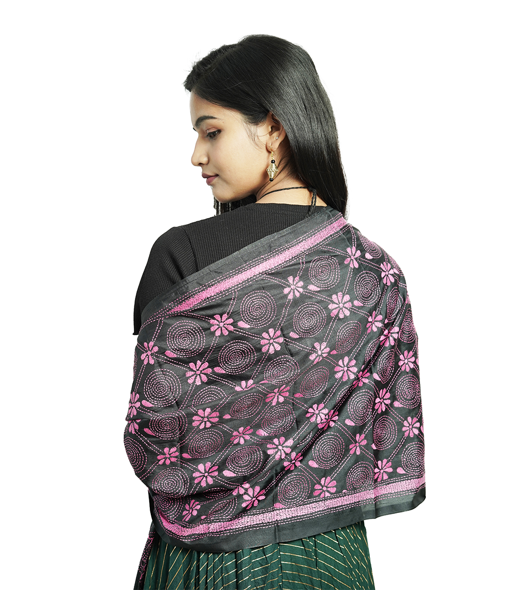 Handstitched Kantha Stole by Tribes of West-Bengal (Black with pink embroidery)