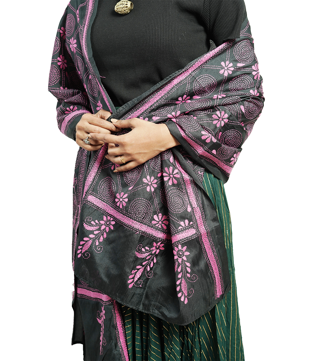 Handstitched Kantha Stole by Tribes of West-Bengal (Black with pink embroidery)