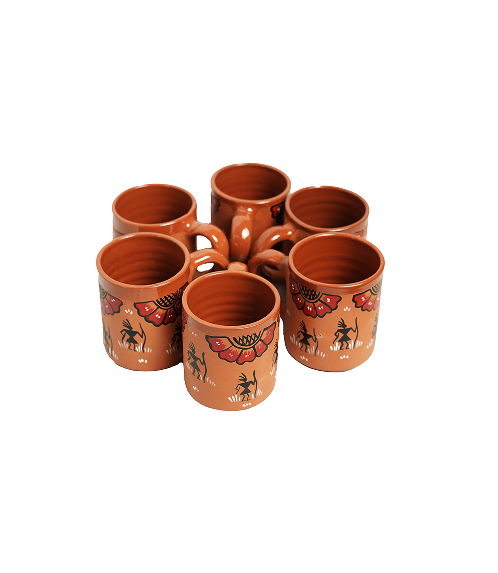 Terracotta Mug Set (6 pieces) With Sohrai Made by Tribes of Jharkhand