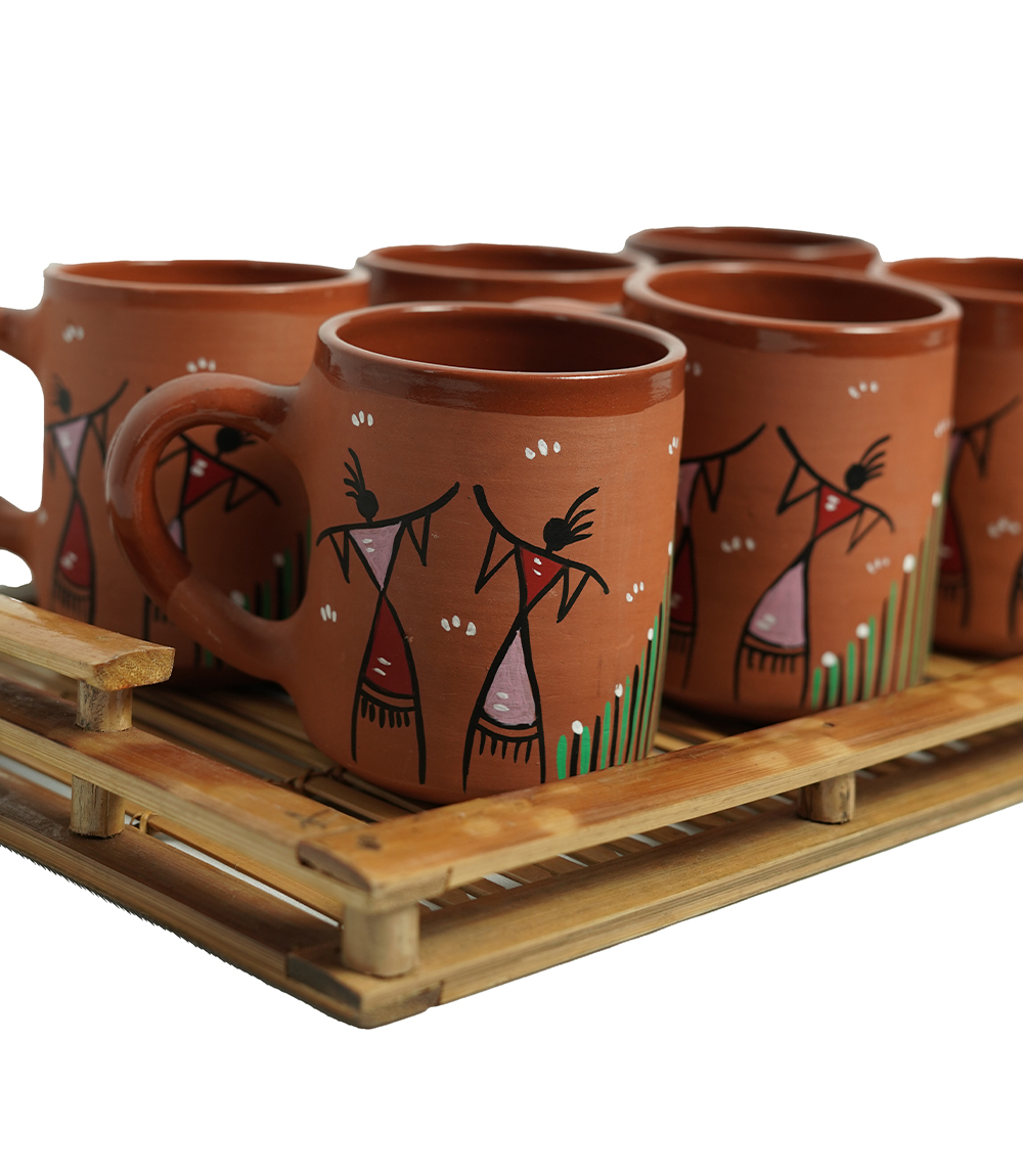 Terracotta Mug Set (6 pieces) With Sohrai Made by Tribes of Jharkhand