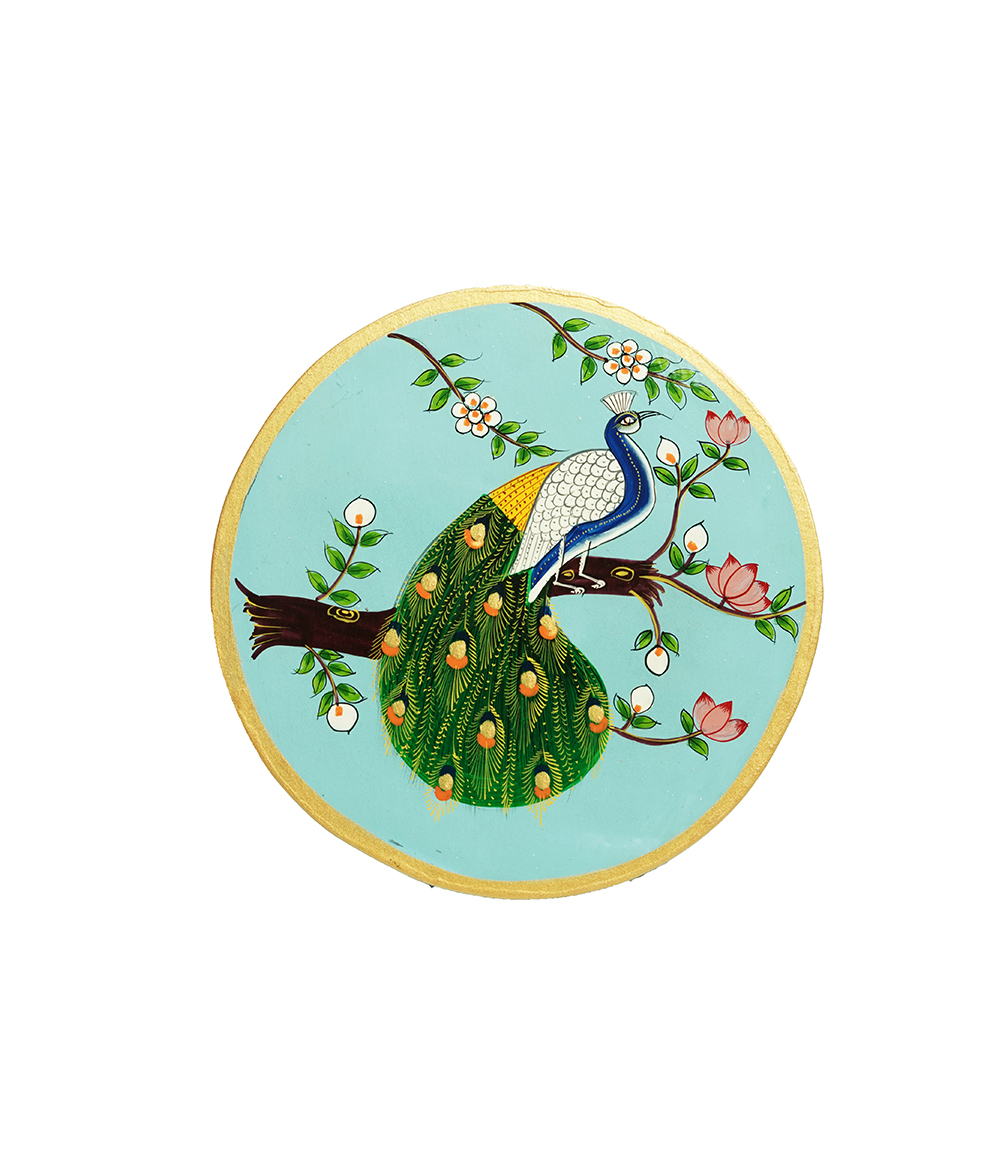 Peacock Wooden Plate – Pichwai Art by Tribes of Rajasthan (10") 