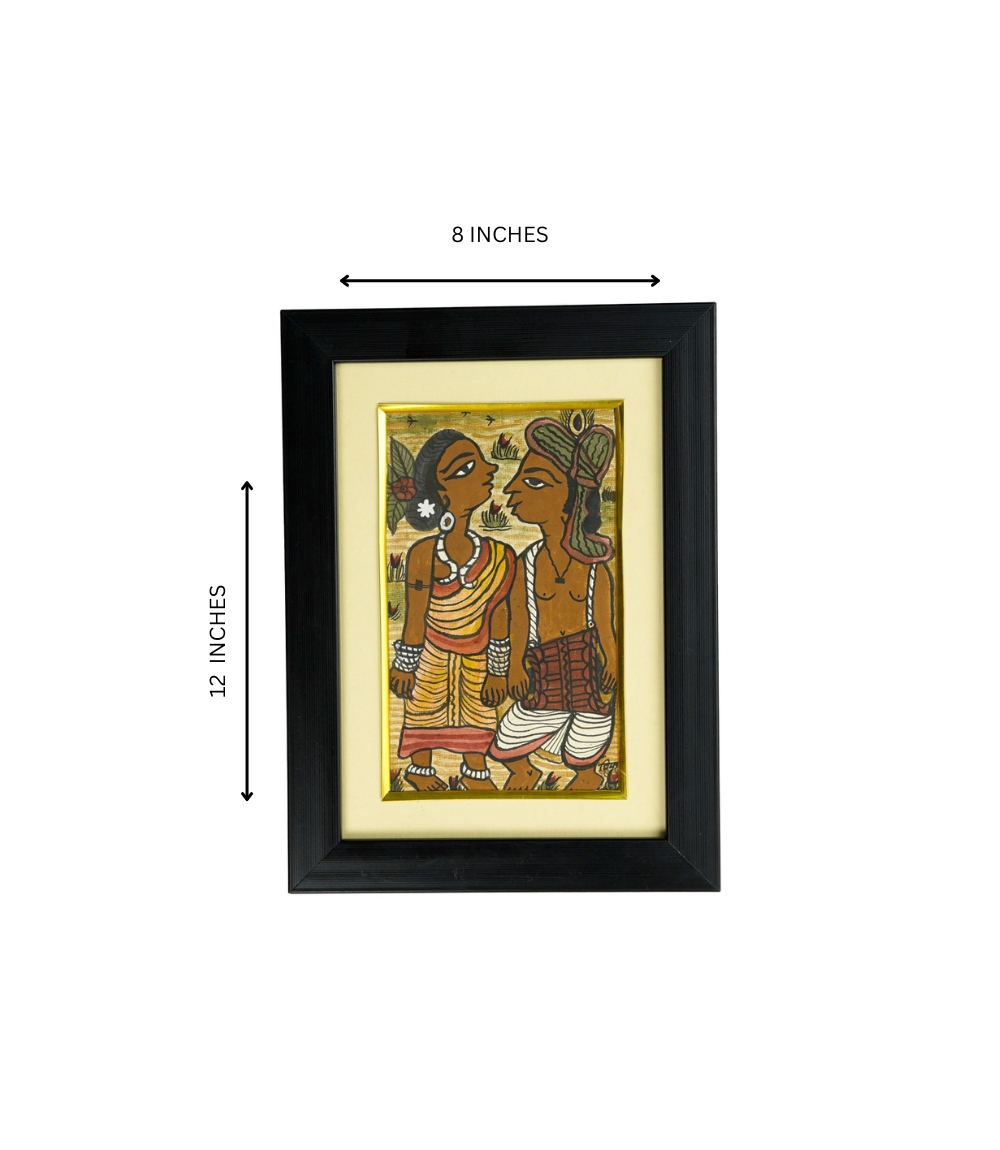 Handpainted Paitkar with a tribal couple standing in a field-Made by tribes of Jharkhand