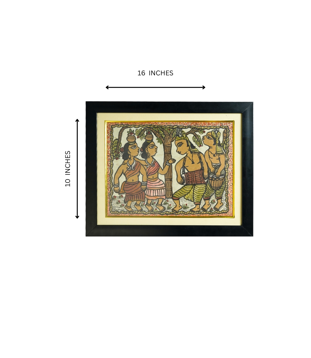 Handpainted Paitkar with two tribal women and two men under a tree-Made by Tribes of Jharkhand